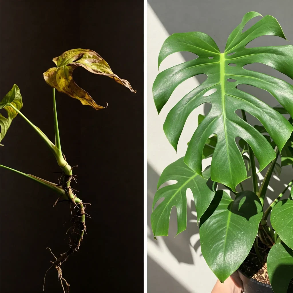 Monstera Deliciosa Leaves Before And After Incorrect Watering. On the left you see yellow leaf and on the right you see a strong, green Monstera lead