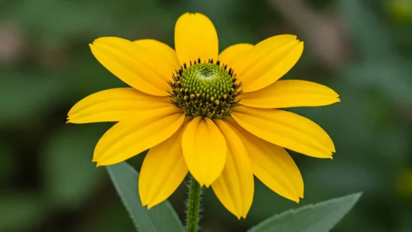 Close-up photo of a Rudbeckia hirta 'Prairie Sun' flower with bright yellow petals and a textured green cone center, against a blurred green background.